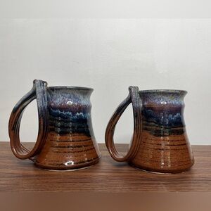 Handmade Pottery Mugs -Set Of 2 Signed Tom Boho Earthy Artisan Crafted Glazed